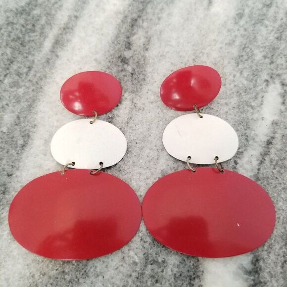 Vintage Red and White Enamel Post Earrings, Huge Holiday Statement Drops, Retro - Picture 4 of 4
